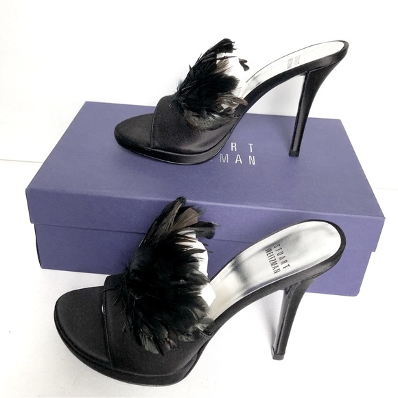 NWT Stuart Weitzman Feathered Black Satin Strapless Heels Size 6 - Picture 6 of 17